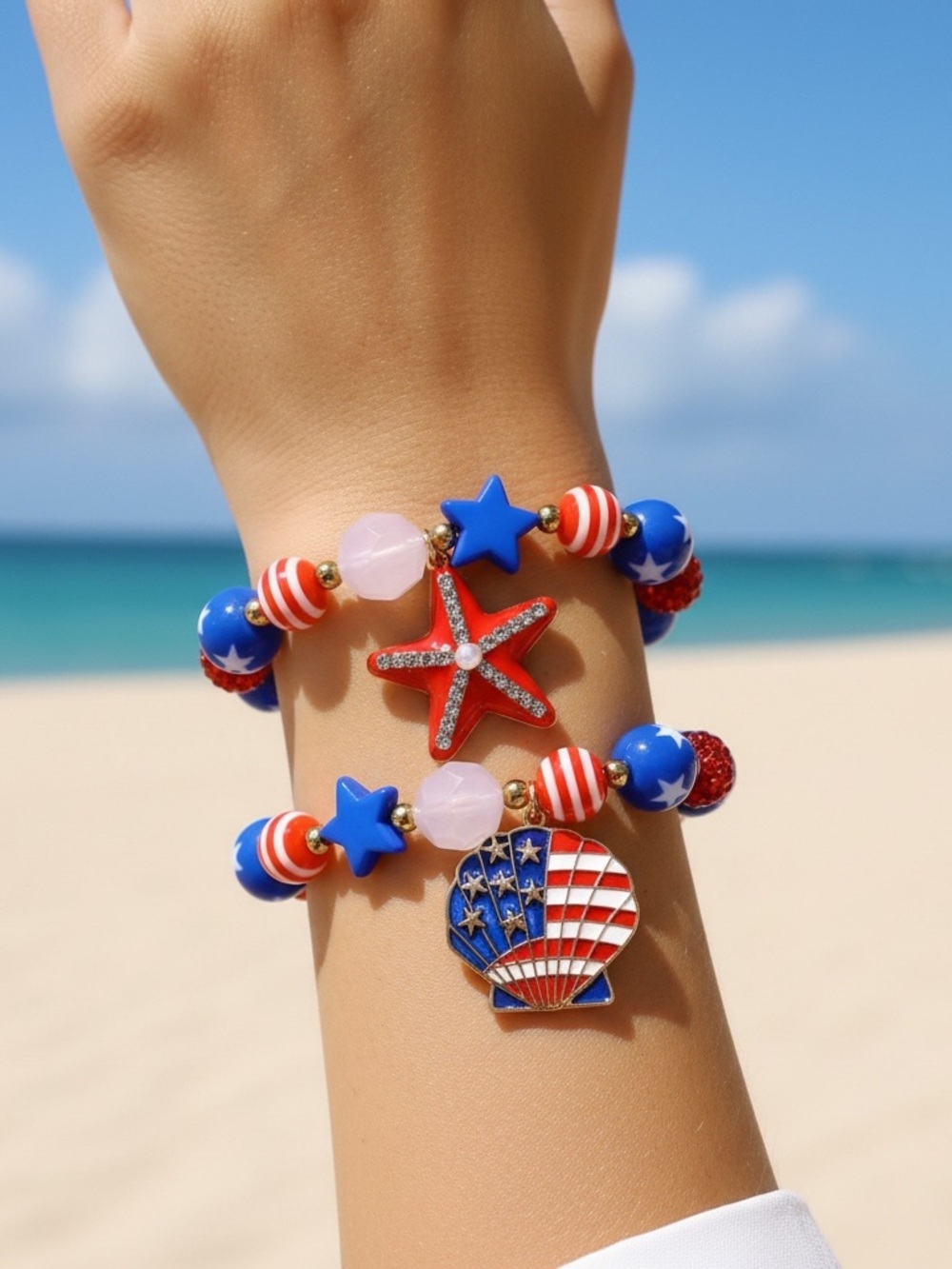 USA 250th Anniversary Flag Seashell Starfish Red White Blue Beaded Bracelet